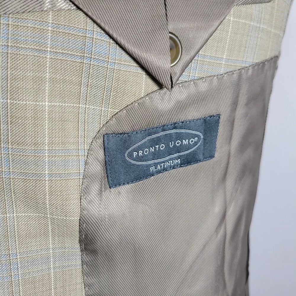 Pronto Uomo Platinum Men's Sport Coat Blazer Two Button Beige Plaid Size 46R‎